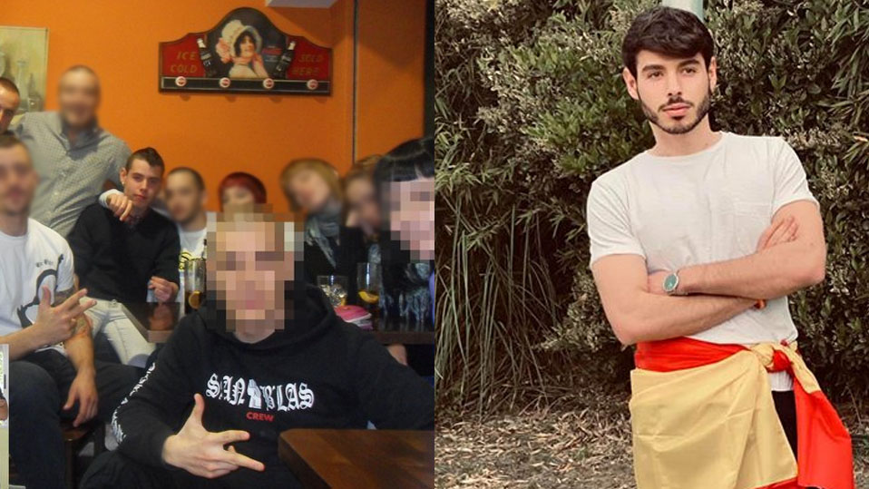 A la izquierda, Miguel Maldonado hace años junto a un grupo de jóvenes haciendo el saludo fascista. A la derecha, foto de las redes sociales del portavoz de Vox Pinto bajo el título: “Libre, sin más”.