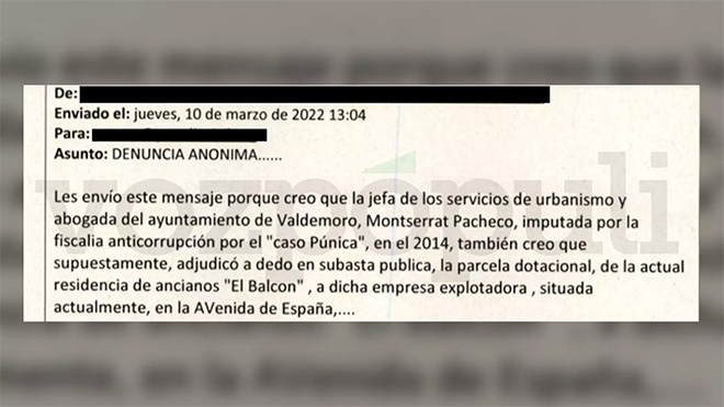 Fragmento de la denuncia anónima que llegó a la Guardia Civil. | Imagen de Vox Pópuli.
