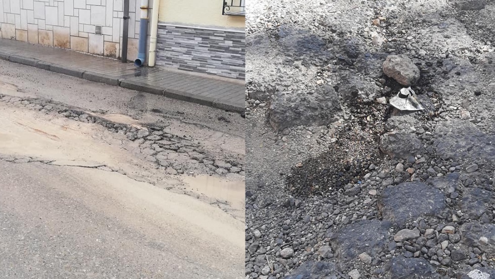 Parte del asfalto dañado por la nieve y el hielo de Filomena en Ciempozuelos.