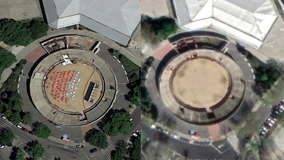 La plaza de toros de Valdmeoro antes y durante el confinamiento |Google