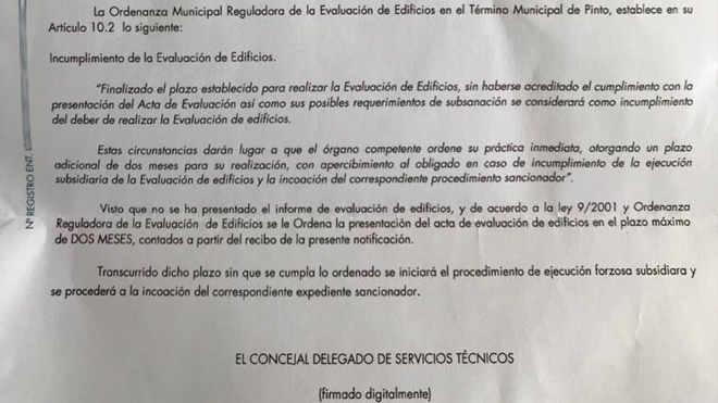 Carta tipo de aviso que el Ayuntamiento de Pinto ha enviado a diferentes comunidades de propietarios.