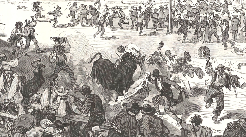 Un fragmento de un dibujo de Daniel Urrabieta Vierge, considerado el padre de la ilustraci&oacute;n moderna, de una novillada celebrada en Pinto en 1872.