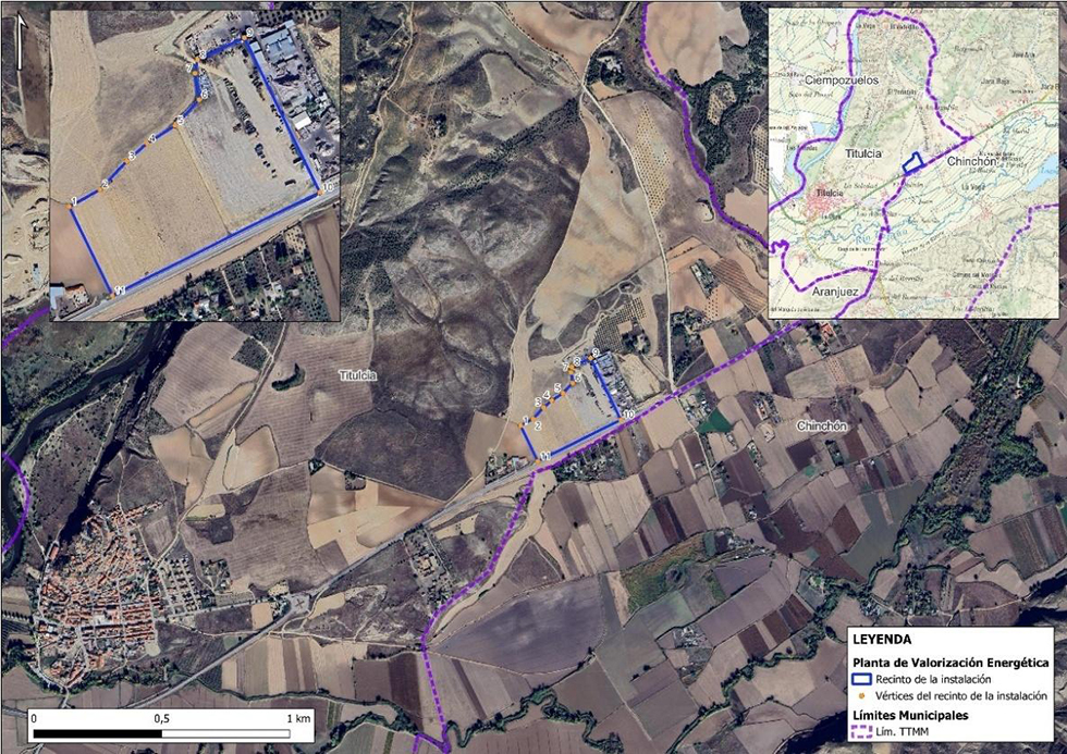Delimitación del recinto del Centro de Tratamiento de Residuos Jarama y localización territorial en el término municipal de Titulcia.