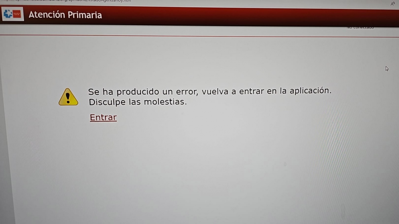 El error que salta al abrir AP-Madrid | Fotografía cedida por una sanitaria de Valdemoro