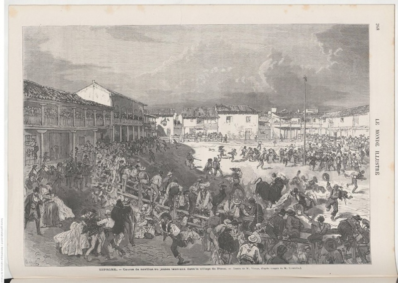 Ilustración de Daniel Vierge de la plaza de la Constitución de Pinto.