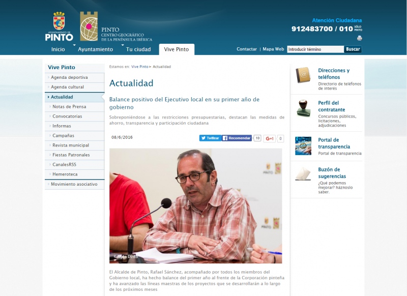 Noticia en la web municipal de Pinto sobre el primer año de Ganemos.