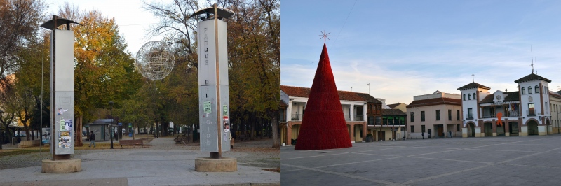 Decoraciones navideñas del Parque del Egido (izq) y de la plaza de la Constitución (drch).